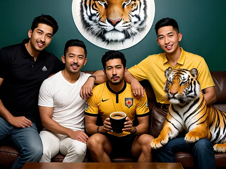 three men in yellow soccer jersey sitting on a couch with a tiger behind them while drinking coffee and watching television, holding cup of coffee,  tigers, tiger_beast, malaysian, actor, fattah amin and farid kami, zizan razak , tiger, backdrop, movie pro...