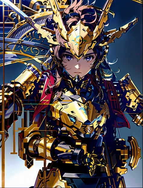 Masterpiece, Best quality, Sword equips mechs, Golden-black color scheme,Purple-black color scheme, greek god in mecha style, Concept armor, Extremely detailed CG unified 8K wallpaper，female mecha，8K分辨率，Lightweight armor，The armor thickness is very thin，Th...