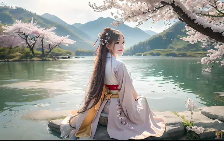 (8k, best quality, masterpiece:1.2), (realistic, photo-realistic), (1girl), solo, detailed golden eyes, long hair, sitting, close to viewer, (Hanfu, han, han Dynasty, han clothing: 1.4),  light smile,  (arms behind back), water, sunny, (Sakura bloom),  sno...