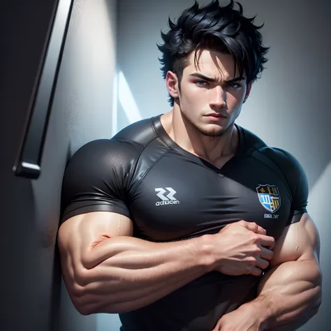 (8k wallpaper:1.2),(Ultra-high resolution:1.2),(masterpiece:1.1),wallpaper,High quality,masterpiece,(High detail),1boy,tall, bulky, wearing a black and blue rugby uniform, spiky hair, absolutely stunning art, wallpaper 8k