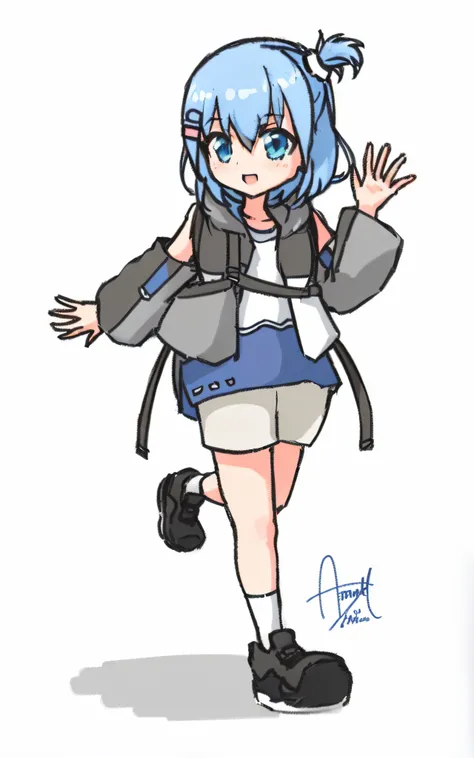 Cartoon drawing of a girl with a backpack and a backpack, Kantai collection style, 2 d anime style, anime moe art style, small curvaceous loli, aqua from konosuba, anime style character, inspired by Rei Kamoi, full body portrait of a short!, cel - shaded a...