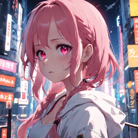 1girl, solo, loli, petite, (very_long_hair), (pink_hair:1.2), braids, (red_eyes), medium_breasts, (white_shirt:1.5), (windbreaker), (off_shoulder:1.2), (portrait), glowing_eyes, background_light, (cityscape:1.5), (neon_lights:1.2), (shushing:1.2),(science)...