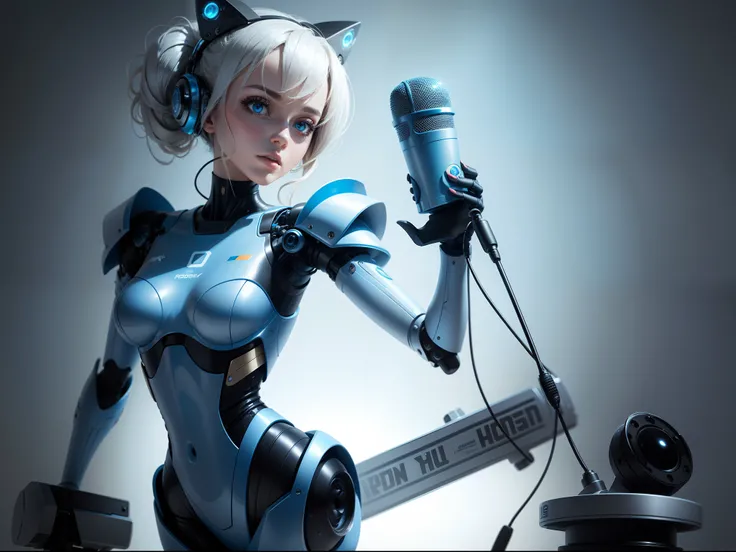 HD beauty robot，Hold the microphone sideways，The background is clean blue