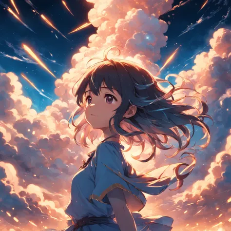 masterpiece, best quality, movie still, 1girl, cloud girl, floating in the sky, close-up, bright, happy, warm soft lighting, sunset, (sparks:0.7)