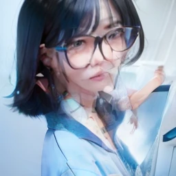 There is a woman wearing thick-rimmed blue glasses posing for a pose，inspired by Leng Mei，The image is characterized by modern glasses and square glasses，Her profile picture resembles Kanliu 666、Urzan and Sakimikan。