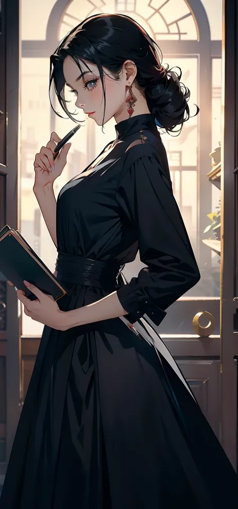 beautiful finger, Book and pen in hand, elegant clothes, Elegant dress, Writer, black hair