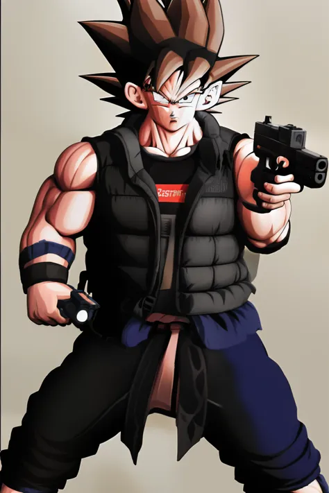 goku wearing drip and holding a glock17, pointing the glock at the camera