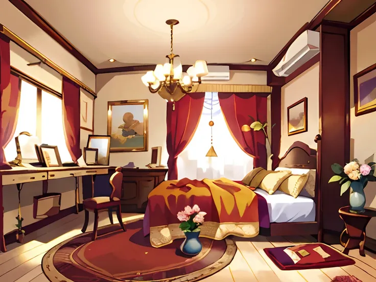 tmasterpiece，best qualtiy，Very detailed CG unity 8K wallpaper，Most Best Illustration，Best shadow，Scenes，hanging lights，Luxurious lovely big bed，Lovely quilt，pillow head，table light，vanity table，carpets，窗帘，air conditioner，Study desk，a sticker