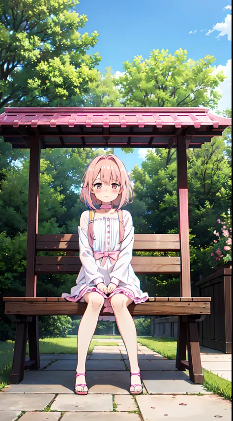 (((A pink-haired cute girl)))，Sit on a bench，Soaked white long dress，Black panty，Blushing and shy