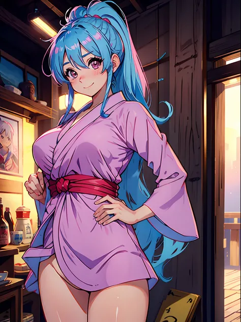 masterpiece, absurdres, vibrant, botan, solo, female, sky blue ponytial, pink eyes, oval face, blush, smile, medium breast:1.8, pink yukata , anatomically correct body, cowboy shot