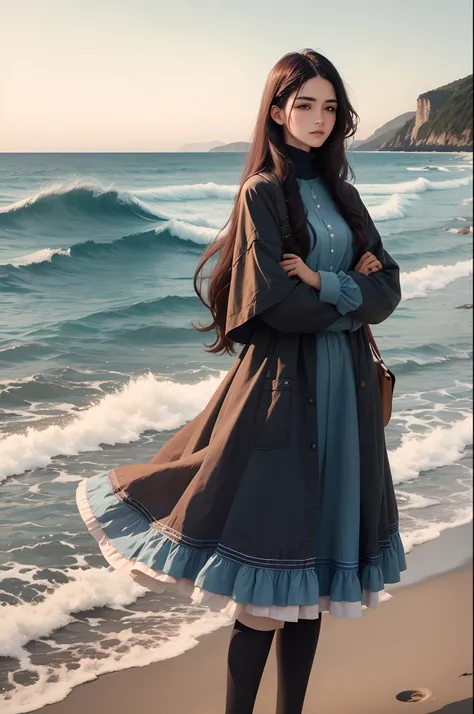 A woman with long hair stands by the sea