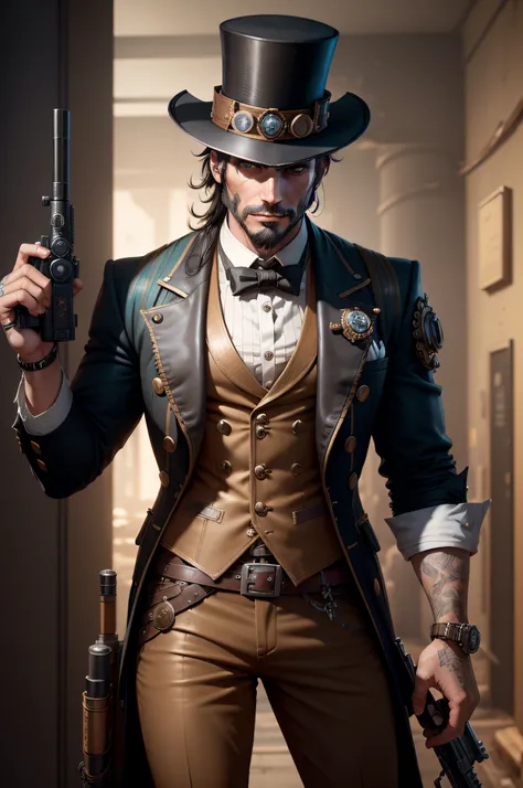 there is a man in a top hat holding a gun, unreal engineer 5, unreal 5. rpg portrait, made in unreal engine 5, steampunk fantasy style, male artificer, steampunk engineer, closeup portrait of an artificer, inspired by Max Magnus Norman, menacing. unreal 5,...