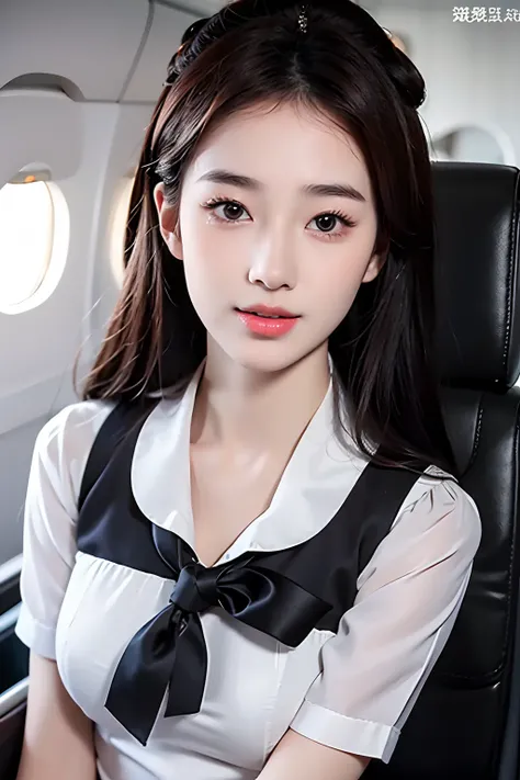 Top Quality, Masterpiece, 8K, Ultra High Definition, (Photorealistic: 1.4), 1 Girl, Beautiful Face, Symmetrical Eyes, Big, Perfect Body Proportions, Stewardess Uniform, Viewers Look, (Inside the Airplane: 1.2), Front View, Shoulder Jump, Absolute Area (1.3...