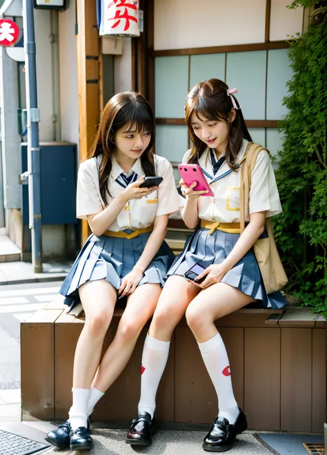 two women sitting on a shelf looking at their mobile phones, two japanese schoolgirls posing, girls resting, wearing japanese sc...