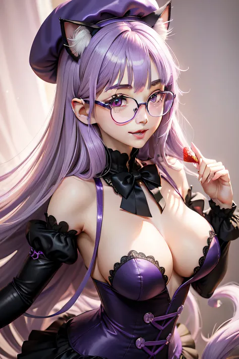 lilac purple hair、cat ear、Strawberry hairpin、beret、round frame glasses、dual horsetail、long whitr hair、Dull hair，Purple pupils、Round pupils、neck rings、Hit the singing suit，Anatomically correct，Moles under eyes，anime big breast，Light smile，naughty big breast...