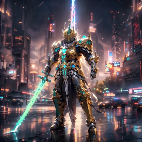 ultra wide shot, full body shot, (masterpiece, best quality), ((a paladin holding a light infused sword, light magic, divine, ma...