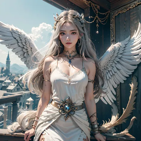 1girl in, 独奏, offcial art, unity 8k wall paper, ultra - detailed, prettify、Aesthetic, tmasterpiece, top-quality, Photorealsitic, A female angel、It has 6 large white wings on the back:2.0、Wings of a bird of prey、Blazing Angel、Silver armor:2.0、Silver gauntle...