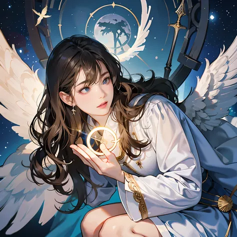 Women in Their 20s, 独奏, offcial art, unity 8k wall paper, ultra-detailliert, beautifly、Aesthetic, ​masterpiece, top-quality, Photorealsitic, a female angel、3 pairs of wings left and right、large white wings、Folded wings、Silver armor:2.0、Helmet with feather ...