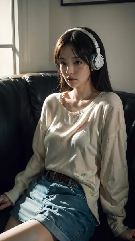 There is a woman sitting on a sofa wearing headphones, a photorealistic painting inspired by Ayami Kojima, Trend of CGsociety, Digital art, realistic art style, with headphone, photorealistic art style, Casual pose, photo-realistic low lighting, photoreali...