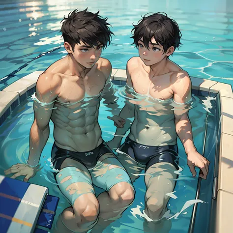 Two boys swimming together，swimmingpool