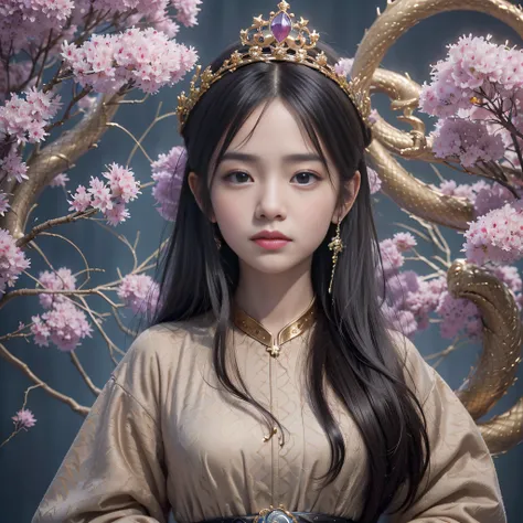 32k（tmasterpiece，k hd，hyper hd，32k）long flowing black hair，ponds，xuzhou girl ，tower protector （realisticlying：1.4），python patter...