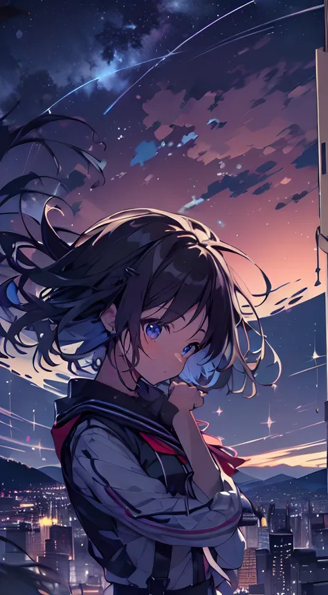 masutepiece, Best Quality,Illustration, Wallpaper, Ultra Detail, absurderes, 1girl in、 (Medium short hair、short braided hair), Beautiful ultra-detailed eyes , Hair fluttering in the wind、nffsw、Smaller head、Beautiful night sky、(a panoramic view:1.5)