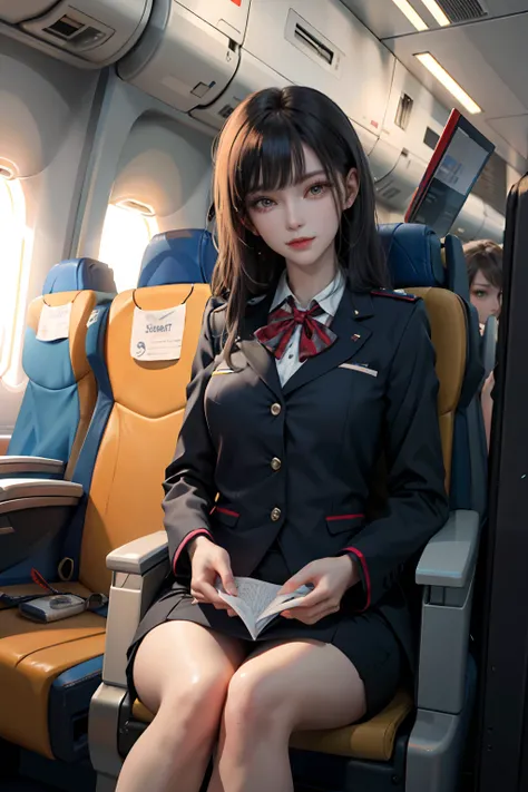 (masterpiece:1.2, best quality), 1lady, solo, Flight attendant, Uniform, Airplane, Serving passengers, Providing safety instructions, Responding to emergencies, bangs, (shiny skin:1.15),