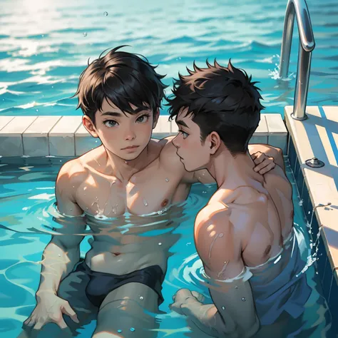 Two boys swimming together，swimmingpool