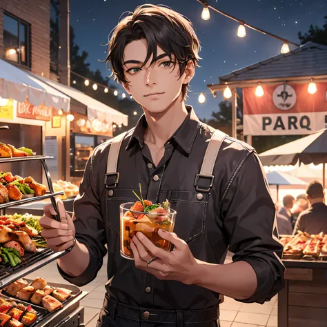 Absurd resolution, high resolution, (masterpiece: 1.4), hyper-detail, night, in front of barbecue food stall, young man dressed up with messy black short hair welder with a smug expression