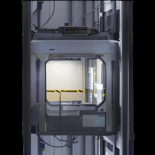 Close-up of the machine with yellow lines on the sides, Elevator, small chamber. Hyperrealistic, Crane, aperture science test chamber, containment pod, vertical orientation w 832, elevator doors look like a mouth, hyperrealistic simulation, futuristic clon...