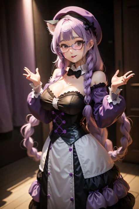 lilac purple hair、cat ear、Strawberry hairpins、beret、round frame glasses、dual horsetail、long whitr hair、Braided sides at the sides，Long braids，Dull hair，Purple pupils、Round pupils、neck rings、Hit the singing suit，Anatomically correct，Moles under eyes，anime b...