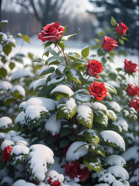 Red roses grow on the bushes, Leaves and petals are covered with dust and snow,Shot with Canon 35mm lens, photo of a rose, taken with a pentax k1000, Shot with Pentax 1000, Two 5-mm ports, Shot at Kodak Portra, Rose Twinings, Red Rose, 35mm shot