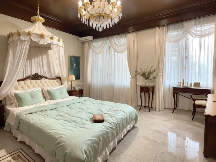 ，Masterpiece, Best quality，8K, 超高分辨率，Step into the dream bedroom，Its like coming to a fairytale kingdom。Ornate mosquito nets hang from mahogany bed frames on high roofs，Fairyland-like decorative lights illuminate the room。The silky bedding exudes a faint s...