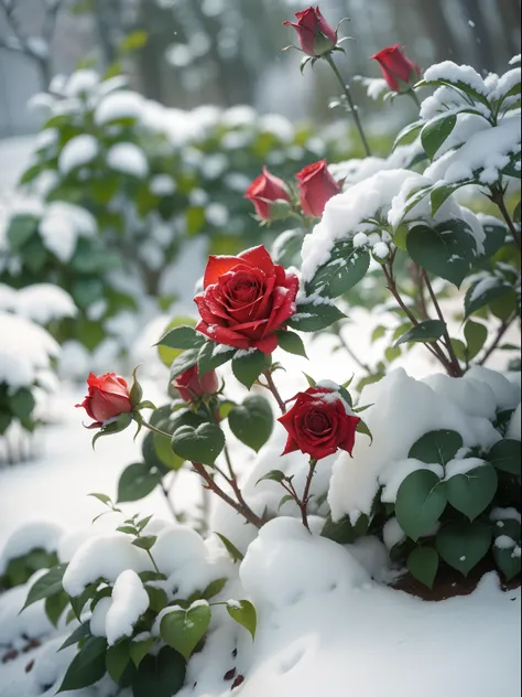 Red roses grow on the bushes, Leaves and petals are covered with dust and snow,Shot with Canon 35mm lens, photo of a rose, taken with a pentax k1000, Shot with Pentax 1000, Two 5-mm ports, Shot at Kodak Portra, Rose Twinings, Red Rose, 35mm shot