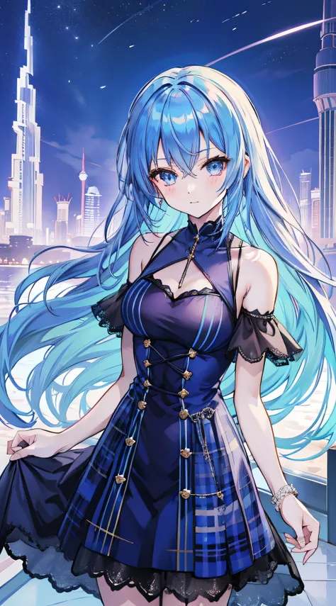 anime girl, lonely, blue hair, happy, watcher looks, dubai, serene, gothic dress, women's plaid lace up one shoulder dress