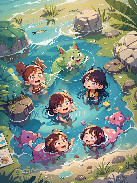 cartoon illustration of a group of Pokemons swimming in the ocean, colorful kids book illustration, colorful illustration, summer swimming party, game illustration, cute illustration, childrens art in artstation, 2. 5 d illustration, kids book illustration...