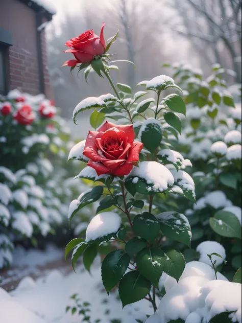 Red roses grow on the bushes, Leaves and petals are covered with dust and snow,Shot with Canon 35mm lens, photo of a rose, taken with a pentax k1000, Shot with Pentax 1000, Two 5-mm ports, Shot at Kodak Portra, Rose Twinings, Red Rose, 35mm shot