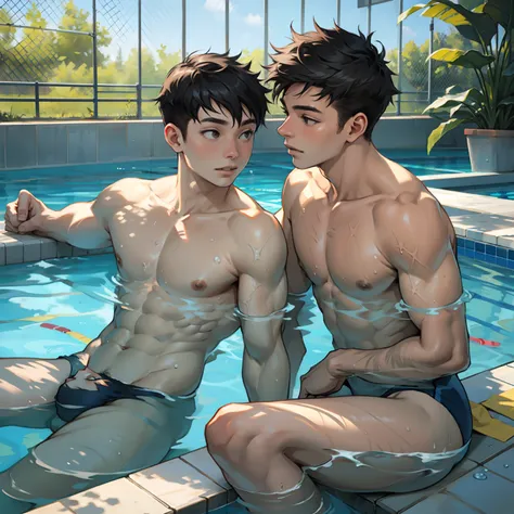 Two boys swimming together，swimmingpool，Beautiful