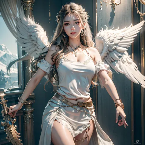 1girl in, 独奏, offcial art, unity 8k wall paper, ultra - detailed, prettify、Aesthetic, tmasterpiece, top-quality, Photorealsitic, A female angel、It has 6 large white wings on its back:2.0、Wings of a bird of prey、Blazing Angel、Silver armor:2.0、Silver gauntle...