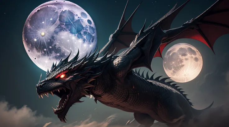 A dragon is flying, Chinese dragon, (length: 1.2), (fine: 1.2), long hair, sharp teeth, Red eyes spewed fire, Dynamic angle, teeth, huge, (An oversized moonlight:1.5), (ultra-detailed:1.5), 128k, cinematic angle, floating, (detailed light), beautifully det...