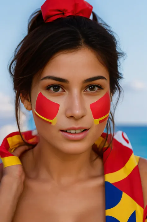 Spanish girls face, (the Spanish flag tattooed on one cheek).