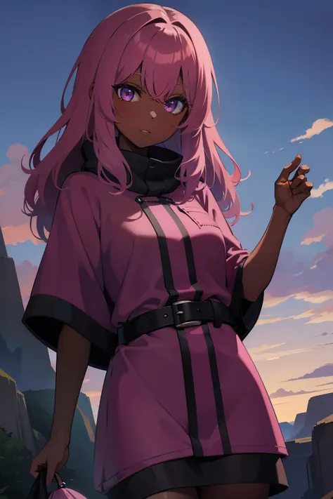 dark pink hair, purple eyes, poncho clothing, wavy hair, dark skin