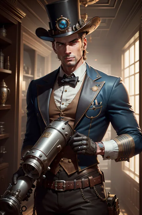 CLENT EASTWOOD with bionic eye in a top hat holding a gun, unreal engineer 5, unreal 5. rpg portrait, made in unreal engine 5, steampunk fantasy style, male artificer, steampunk engineer, closeup portrait of an artificer, inspired by Max Magnus Norman, men...