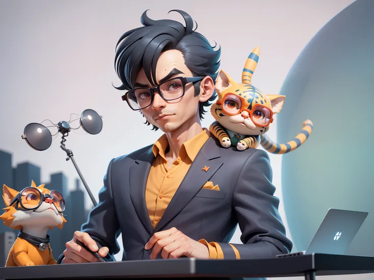 A young man in a suit, Short hair and glasses sat at his desk，holding laptop，digitial painting，tigre，3D character design by Mark Clairen and Pixar and Hayao Miyazaki and Akira Toriyama，4K HD illustration，Very detailed facial features and cartoon-style visu...