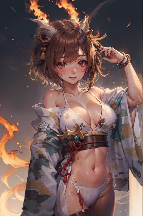 (masterpiece, best quality:1.2), (1girl, solo), 20years old, upper body, (kimono, undressing, white bikini bra), (brown short hair, brown eyes), demon horns on fire, smile, (sweat:1.1), gleaming skin, Japanese ancient capital, night sky, from side