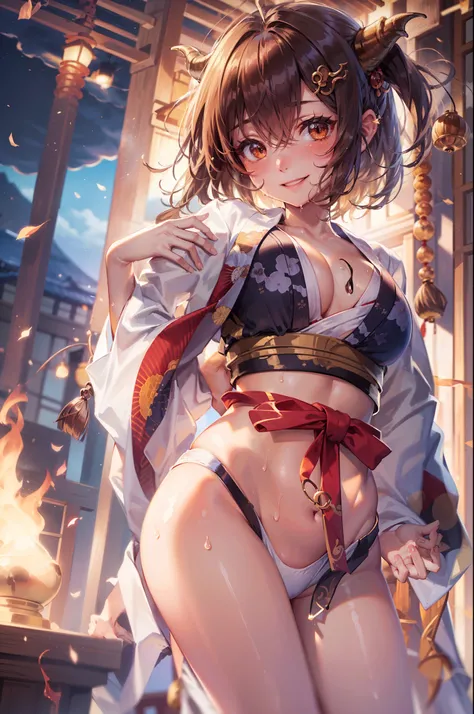 (masterpiece, best quality:1.2), (1girl, solo), 20years old, upper body, (kimono, undressing, white bikini bra), (brown short hair, brown eyes), demon horns on fire, smile, (sweat:1.1), gleaming skin, Japanese ancient capital, night sky, from side