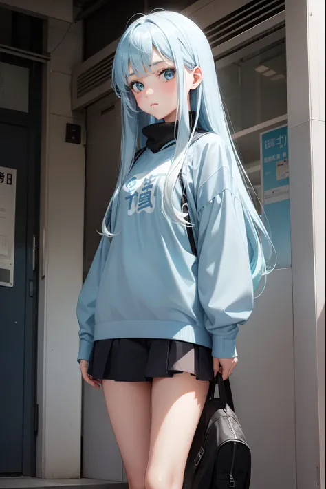 a beauty girl，lightblue hair，semi long hair，Manga style，fulcolor，A slender，Infant face，hi-school girl，boyish