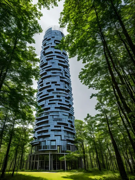 A luxury tower with a white, black and gray color theme in the middle of a forest full of trees