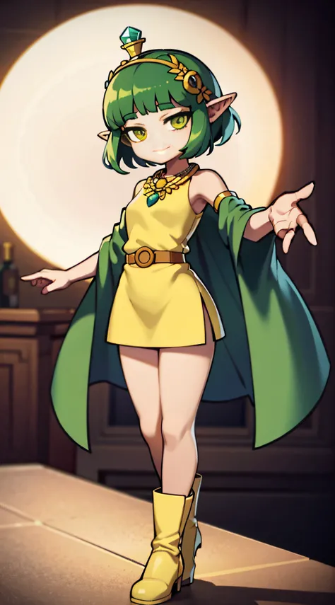 Q version girl，Small Man，Big dark green eyes，Danfeng Eyes，ssmile，Green hair，short detailed hair，Flat bangs，There are flower ornaments on the head，There are crystal bottle decorations，elvish ears，Green crystal necklace，Yellow-green long dress，Delicate belt，...