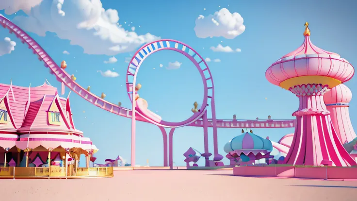 Pink roller coaster, 3 d render stylized, kawaii hq render, stylized as a 3d render, stylized 3d render, 3 d stylize scene, (rendering by octane) Fantasy style, beautiful render of a fairytale, fantasy style 8 k octane render, Fantasy Town, rendered in cin...